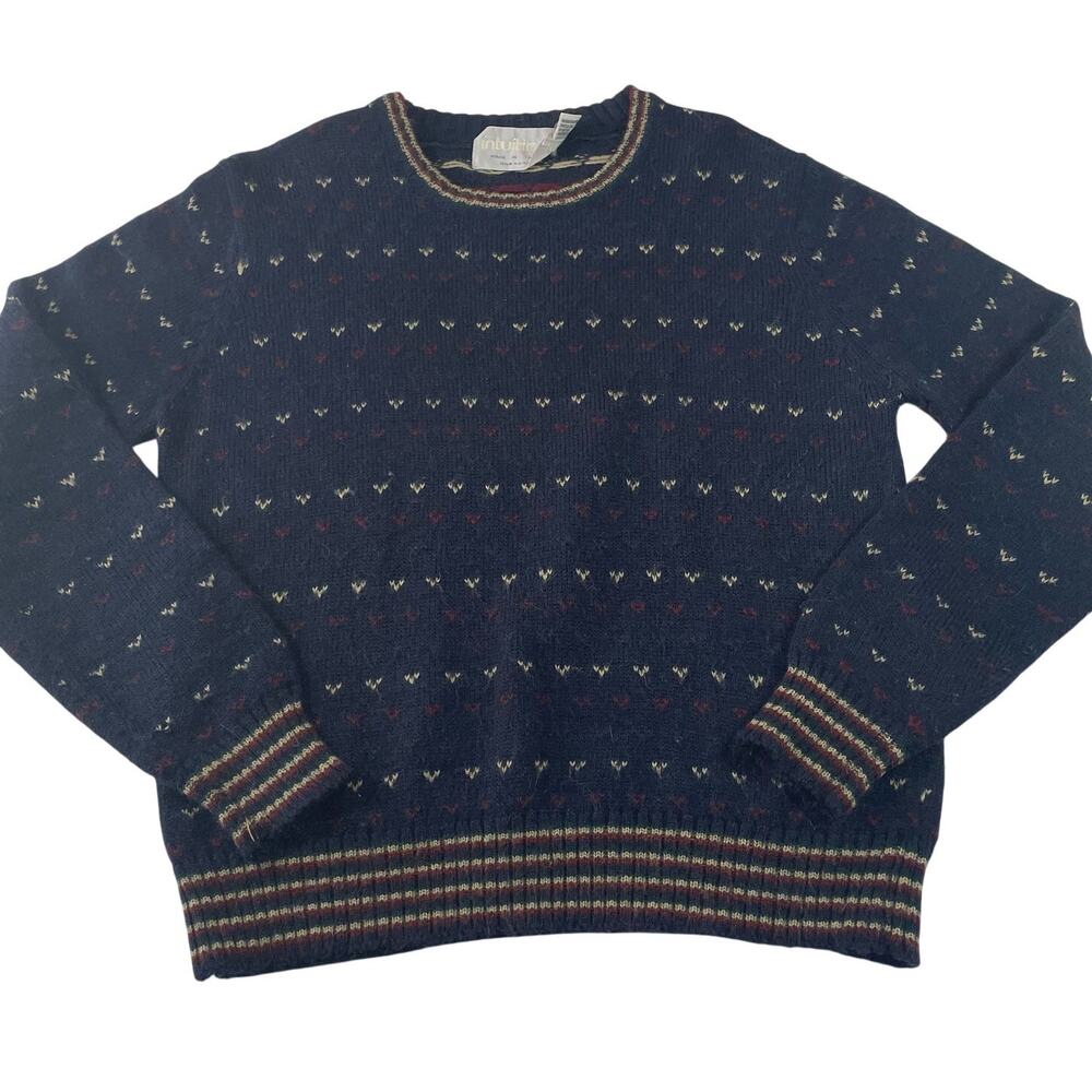 Vintage Hand Loomed Knit Sweater Size L, Blue with Red Green White Heart Pattern